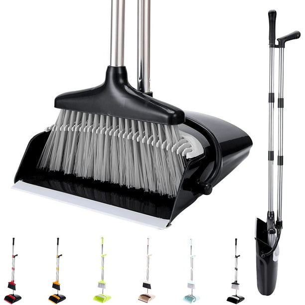 XXXFLOWER Standing Dustpan and Broom Set Long Handled Dust Pans with