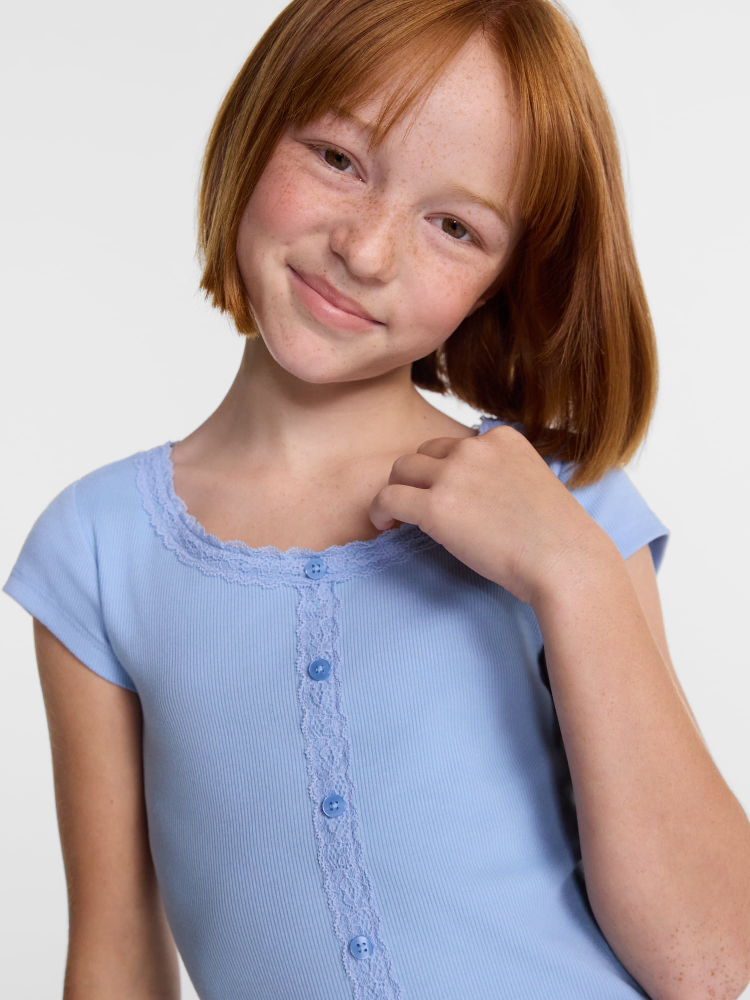 Wonder Nation Girls' Lace and Button Front Top with Short Sleeves, Sizes 4-18 & Plus