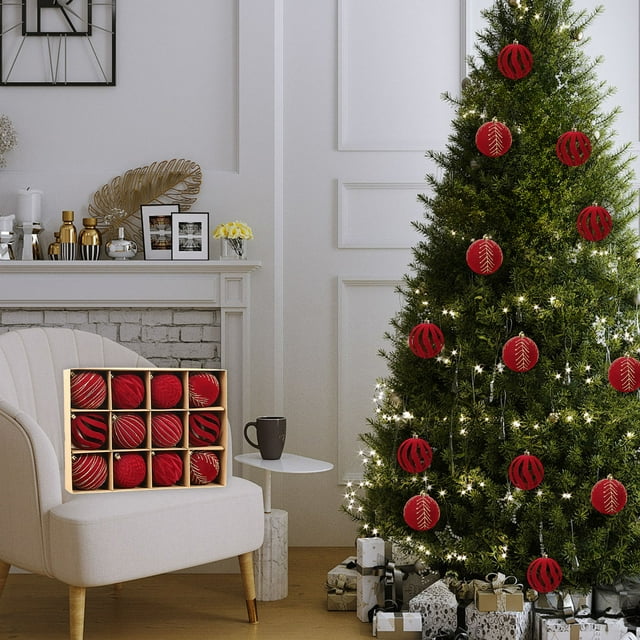 Bolas Navideñas Flocadas de 6 Cm, Color Oscuro, Terciopelo, para Colgar En El Árbol de Navidad | 12 Adornos de Plástico Rojo | Acabados Brillante, Mate y con Purpurina | Ligeras y Duraderas | Ideales