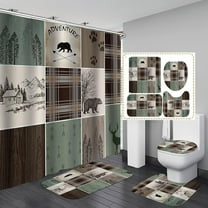 4PCS Farmhouse Shower Curtain Set, Country Vintage Wood Plank Woodland Wild Animal Hunting Lodge Black Bear Elk Moose Deer Birds Cabin Rustic Bathroom Decor, Non-Slip Bath Mat, Pine Tree