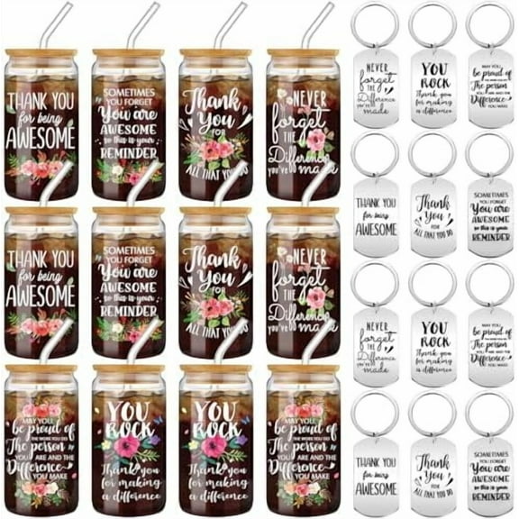24 Pcs Employee Appreciation Gifts Bulk Inspirational Thank You Gift for Team Teacher Coworkers Employees 16 oz Glass Cups with Lids & Straws Keychain Gifts$$Home Decor, Kitchen, & Other