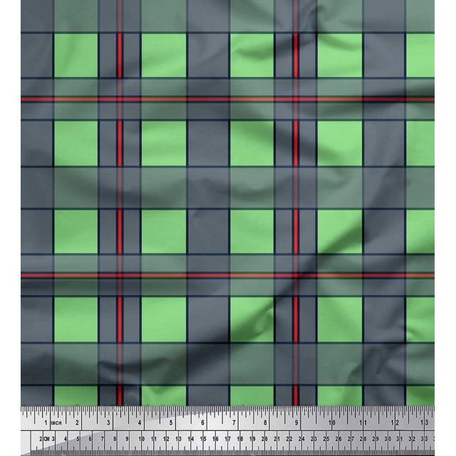 Soimoi Green Cotton Cambric Fabric Check Check Print Fabric by the Yard 42 Inch Wide