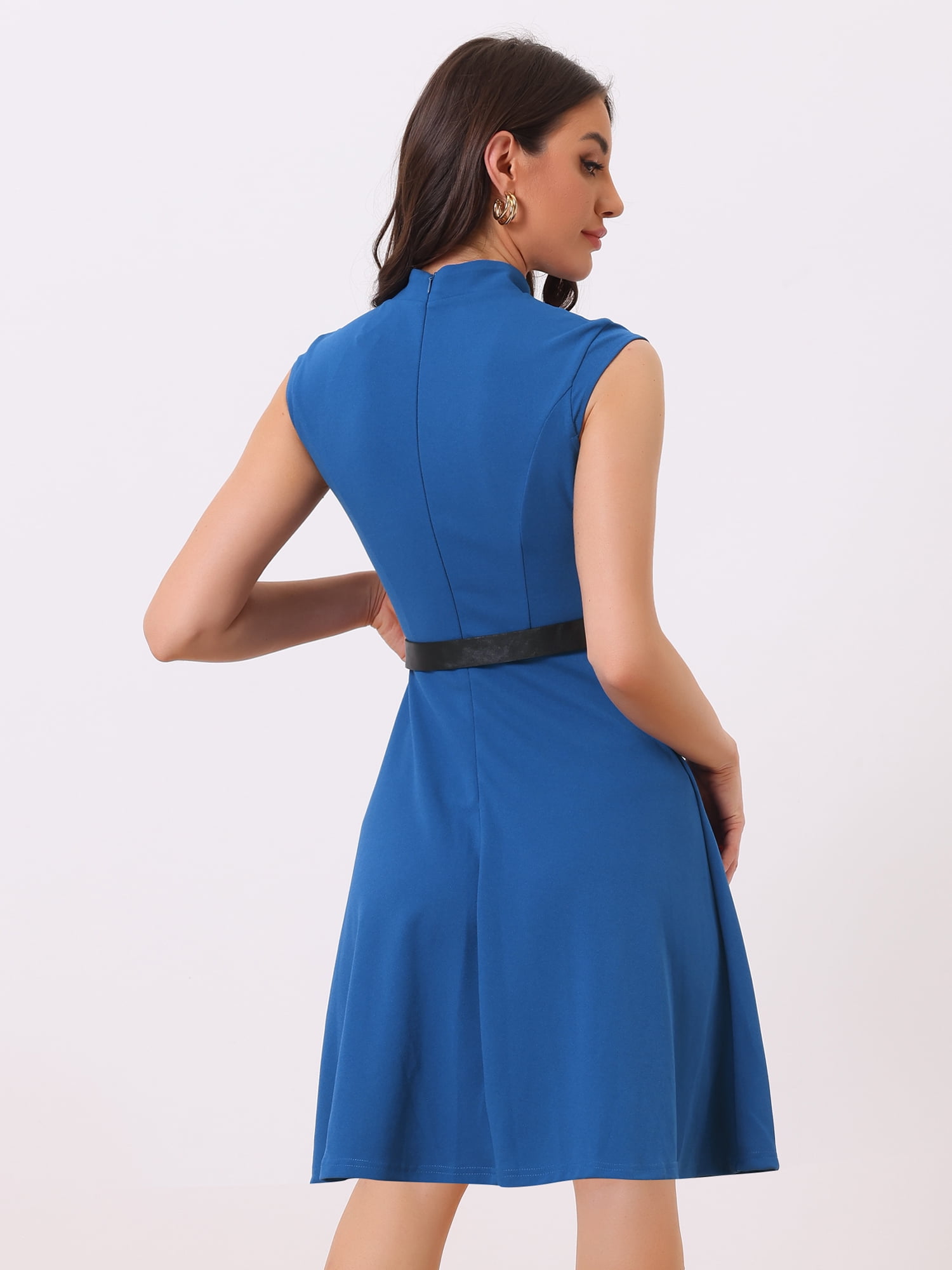 DARING DIVA Elegant Dress Split Neck Wear to Work Sleeveless Dresses L Blue