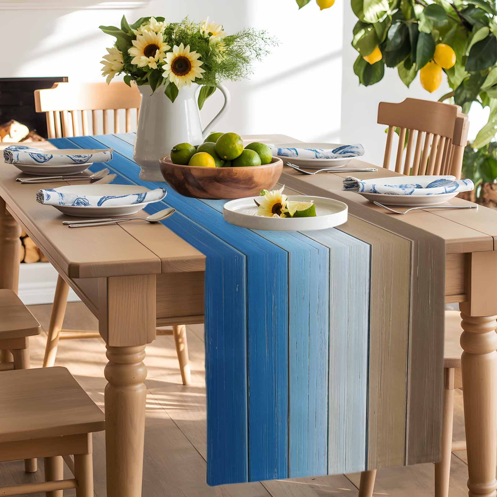 Blue Brown Cotton Linen Table Runner for Dining Kitchen, Gradient Wood Grain Farmhouse Country Wedding Outdoor Party Tablerunners Decoration, Dresser Scarf Coffee Tablecloth Runners 13x48 Inches
