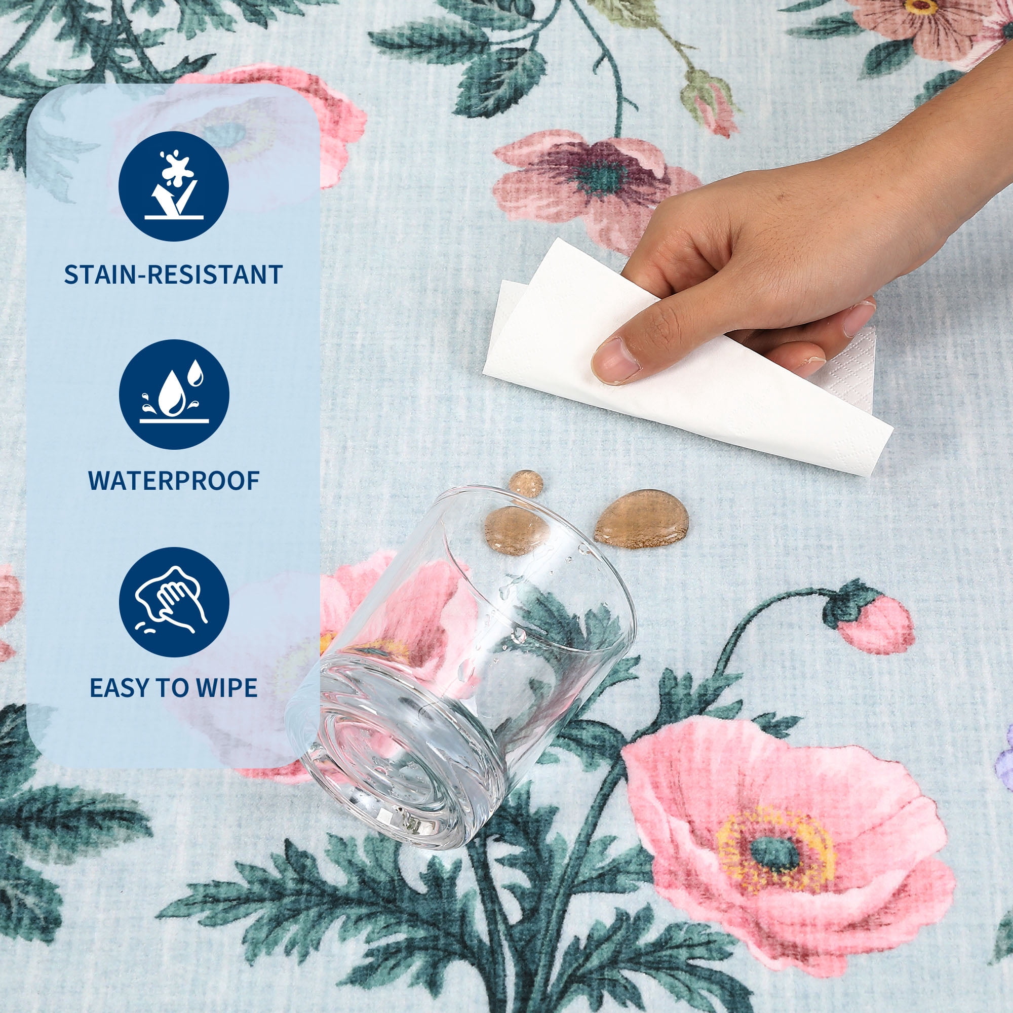 Hasoo Washable Living Room Area Rug 9x12 Large Modern Scalloped Floral Non-Slip Soft Foldable Indoor Light Blue Carpet