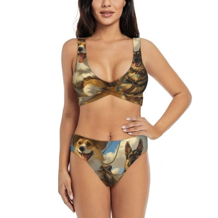 Zeuib Farm Corgi German Shepherd High Waisted Tummy Control Bikini Set - Knot Front Push Up Top & Cheeky Thong Bottom  Two-Piece Swimsuit for Women-X-Large