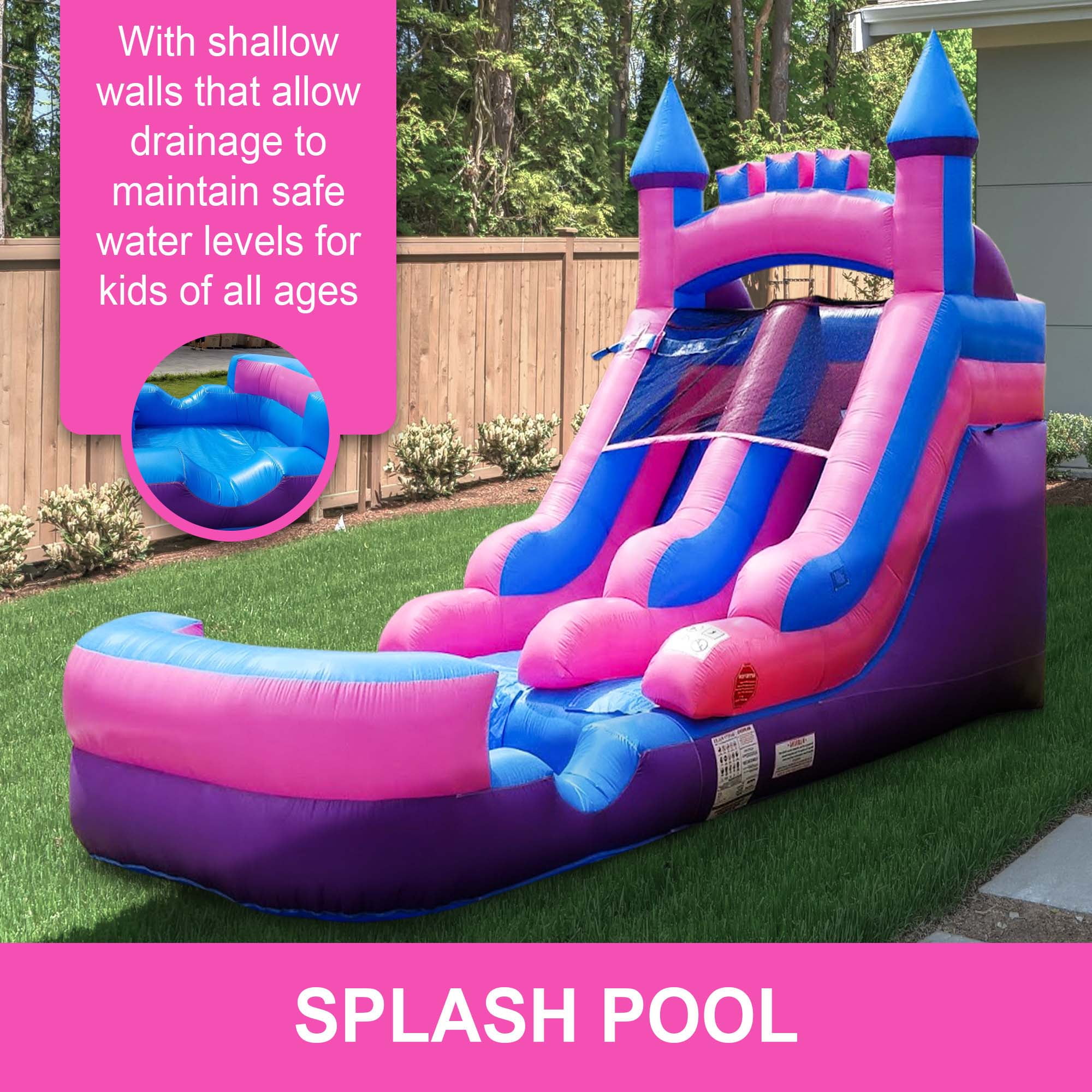Pogo Bounce House Crossover Kids Inflatable Water Slide, Pink Castle With Blower, 12 ft