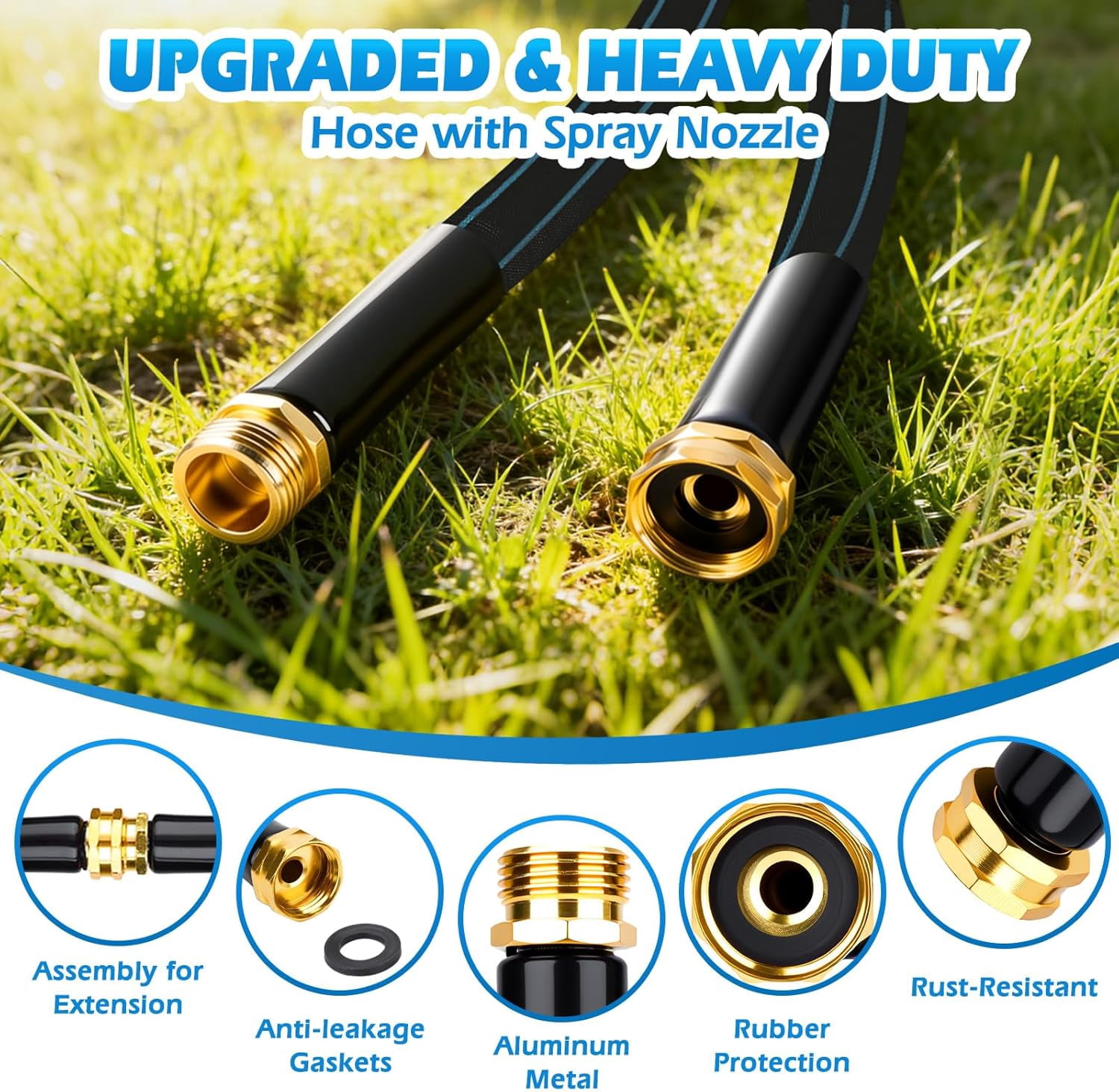 Non-Expanding Garden Hose 25FT with 10-Pattern Nozzle, Lightweight Flexible Water Hose Kink-Resistant, Brass 3/4'' Fittings & Sealing Washers, for Yard Lawn Garden Car Wash Pet Bathing