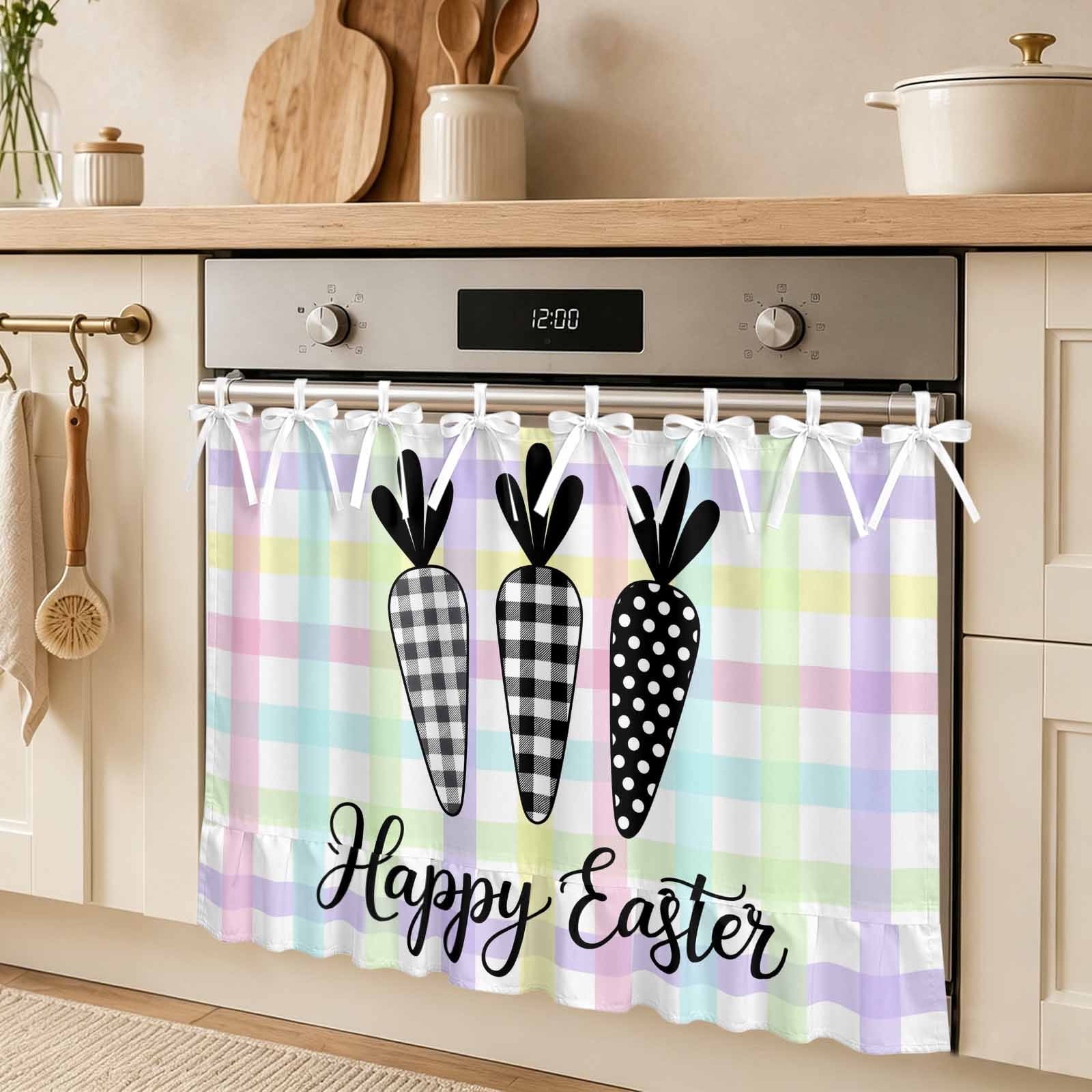 Happy Easter Oven Skirt Curtain Spring Black White Plaid Dots Carrots Colorful Plaid Stripes Tie Top Tier Curtains Stove Dishwasher Skirt Small Window Drapes for Kitchen Bathroom Cafe 30 x21.5