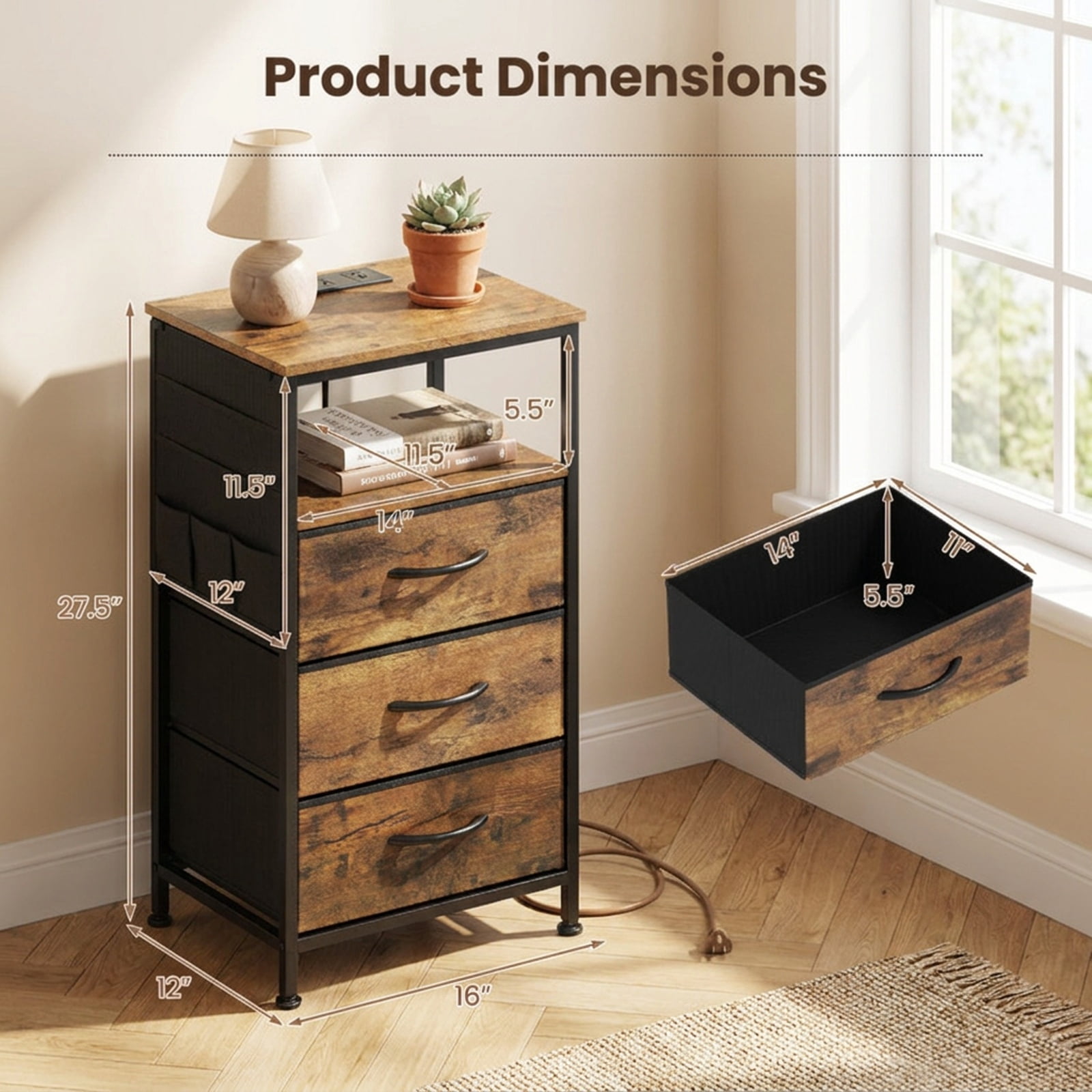 Furnibear Nightstand with Charging Station 27.5 inch Modern Bedside Table with 3 Fabric Drawers for Bedroom Living Room Bedside Sofa, Rustic Brown