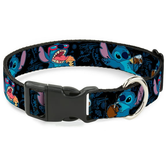 Disney Pet Collar, Dog Collar Plastic Buckle, Stitch Snacking Poses Black Blue, 7 to 8.5 Inches 0.5 Inch Wide