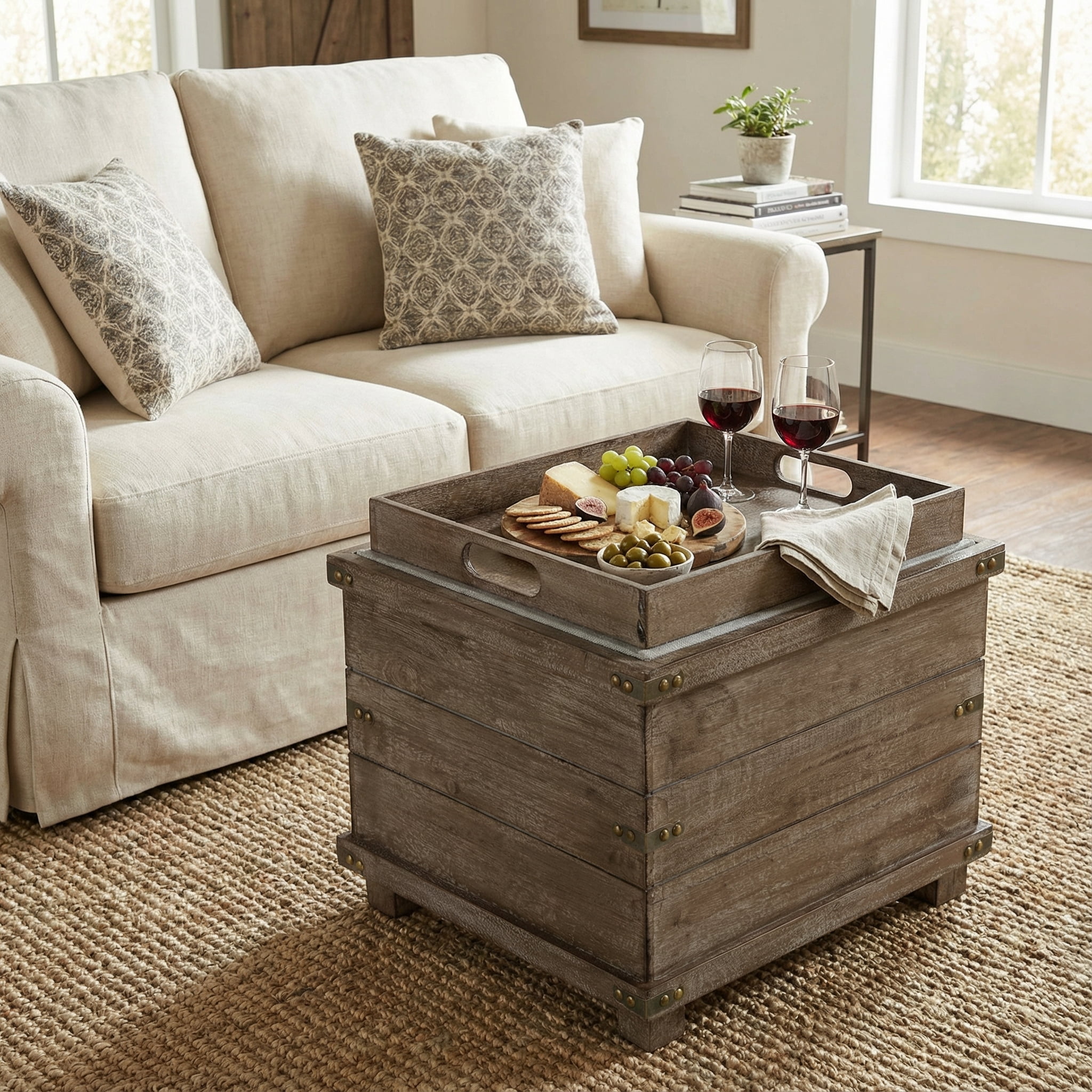 Cortesi Home Scusset Storage Chest Tray Ottoman in Fabric and Wood, Grey