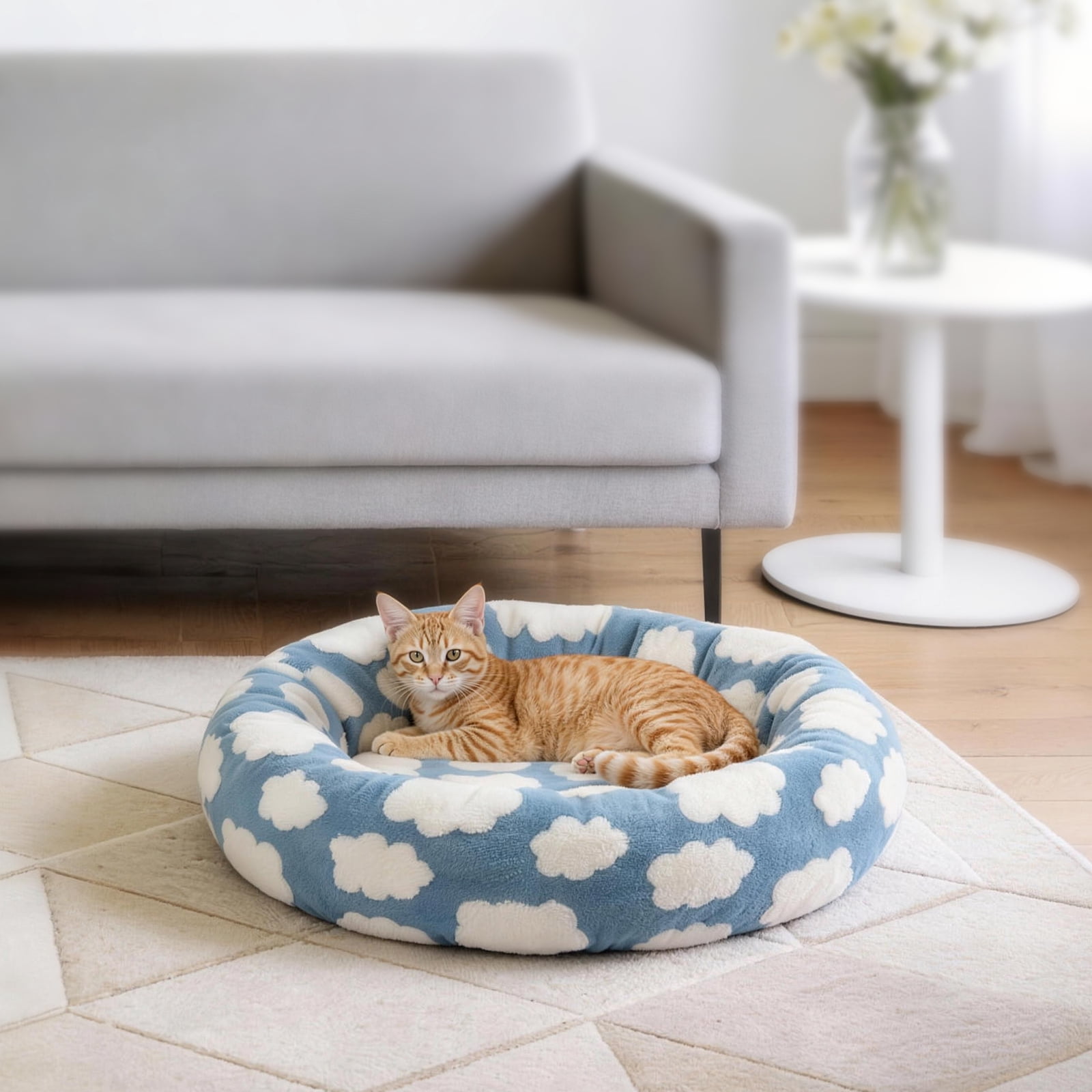 Donut Dog Bed Medium, Calming Round Pet Bed for Dogs and Cats, Washable Jacquard Plush Cover with Non-Slip Bottom, Indoor Cat Bed, Blue, 20"x20"x6"