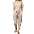 thumbnail image 2 of Summer Outfits for Women 2 Piece Cotton ,Cotton Linen Lounge Sets for Women,Wide Leg Tracksuits Outfits for Women Plus Size,Linen 2 Piece Lounge Sets Short Sleeve Crewneck Tops, 2 of 6