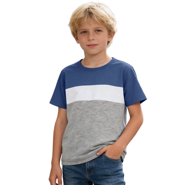 Quotay T-Shirts pour Garçons Couleur T-Shirt à Manches Courtes Décontracté Col Rond Mélange Graphique pour Enfants Jeunes Enfants Hauts à Manches Courtes Confortables 3-13a 01_Navy,140
