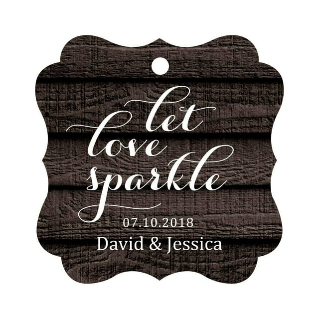 Darling Souvenir Custom Let Love Sparkle Wedding Hang Tags Personalized Fancy Frame Paper Tags -Dark Wood-100 Tags