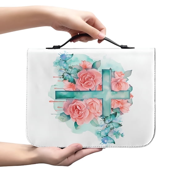 GASTROPOD Bible Case for Women Lightweight Bible Cover PU Leather Bible Tote Bag Church, Portable Scripture Bag for Bible Study Supplies, Floral Cross Print Bible Bag with Handles