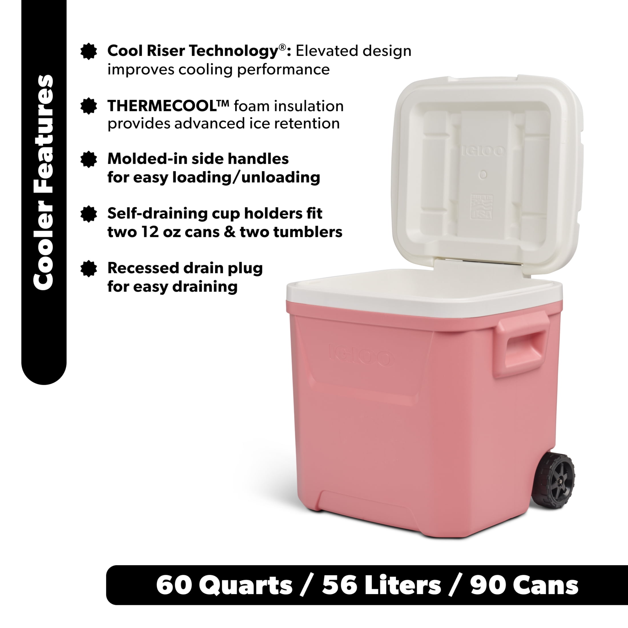 Igloo 60 QT Laguna Ice Chest Cooler with Wheels, Coral Pink