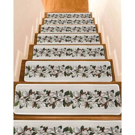 Botanical Flowers Stair Treads for Wooden Steps Indoor Runner Rug Carpet Farmhouse Floral Beige Wooden Grain 10 Pieces Peel and Stick Staircase Step Treads Covers Washable Throw Door Mats 30 x8