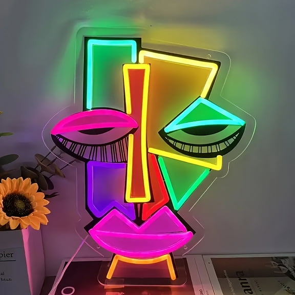 Modern Abstract Face LED Neon Sign - USB-powered with adjustable brightness & multiple colors. Perfect for home, club, or party decor. No batteries needed.