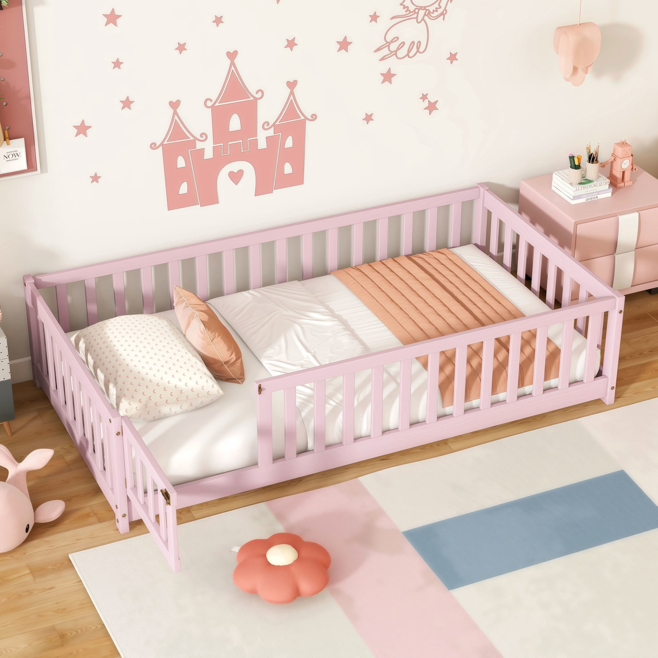 Noble House Wahid Twin Size Floor Bed with Safety Guardrails & Latching Door,  Rubber Wooden Bed Frame, Pink