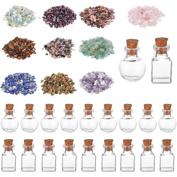 20 mini botellas de deseos de vidrio redondas o cúbicas con 100 g de piedras preciosas pulidas sin perforar en 10 colores