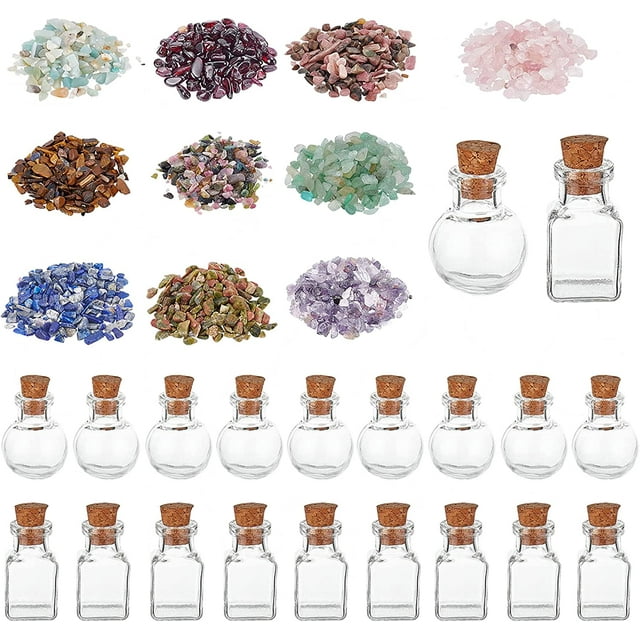 20 mini botellas de deseos de vidrio redondas o cúbicas con 100 g de piedras preciosas pulidas sin perforar en 10 colores