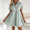 thumbnail image 2 of Relaxed Fit Mini Dress Women Striped Short Sleeve Button Front Turn Down Collar Knit Shirt Dress Green S, 2 of 5