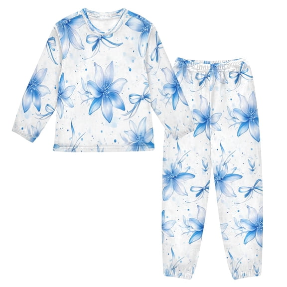 Fluffy Pajamas Set Fuzzy Winter Warm Pj Sets Pullover Tops and Long Pants Blue Pastel Flowers X-Small