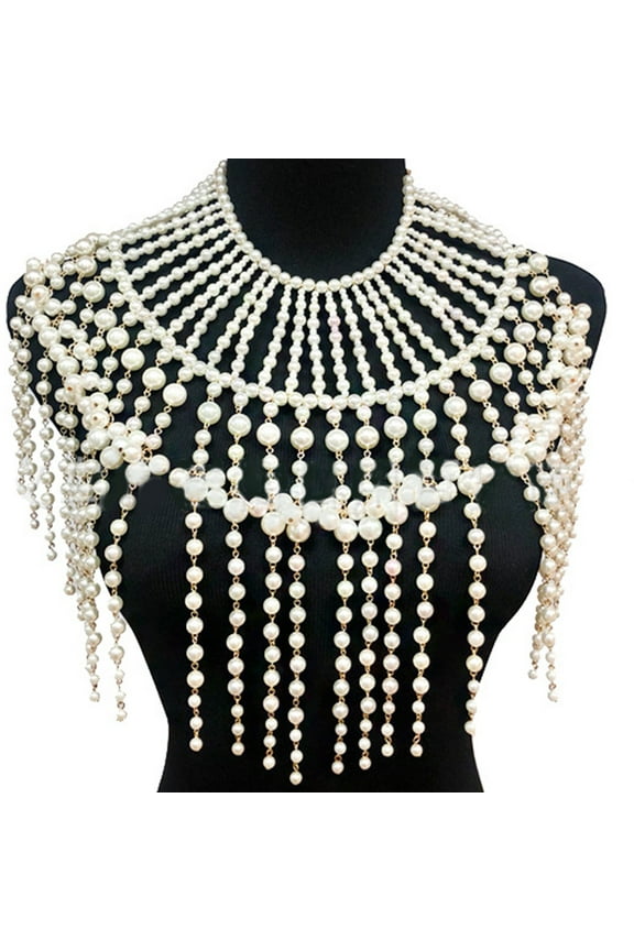Exaggerated Layered Jewelry Shoulder Body Chain Harness Imitation Pearl Beaded Fringed Tassel Bib Choker Necklace Wedding Dress Fake Collar Accessories