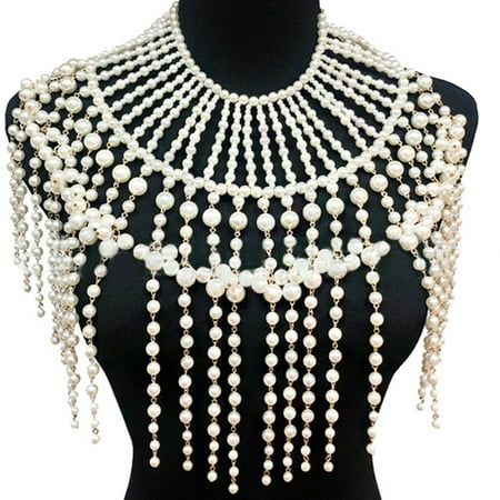 

TRINGKY Exaggerated Layered Jewelry Shoulder Body Chain Harness Imitation Pearl Beaded Fringed Tassel Bib Choker Necklace Wedding Dress Fake Collar Accessories