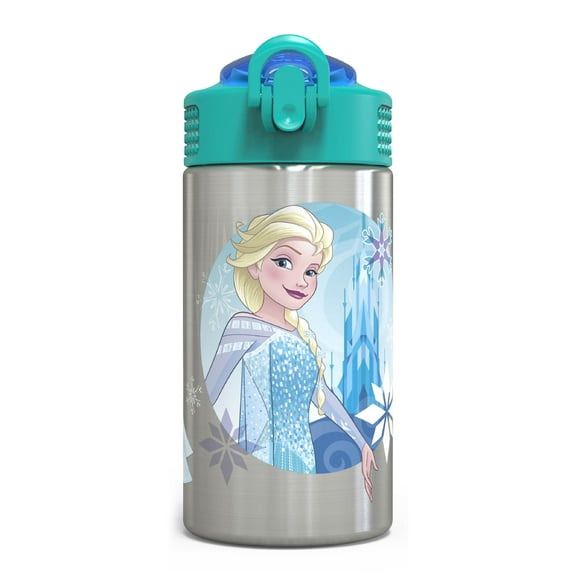 Zak Designs 15.5 oz Disney's Frozen Kids Water Bottle Stainless Steel with Push-Button Spout and Locking Cover, Elsa & Olaf