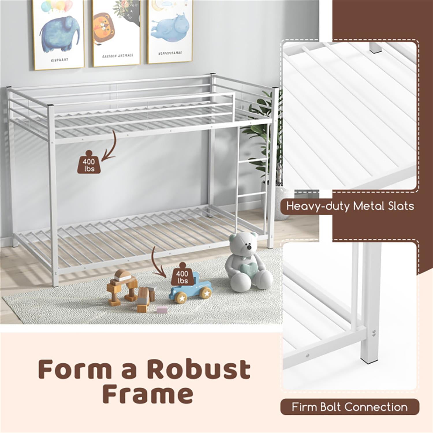 Demi Bonn Low Profile Twin Over Twin Bunk Bed with Full-length Guardrails, Sturdy Metal Twin Bunk Beds, Bed Frame, White