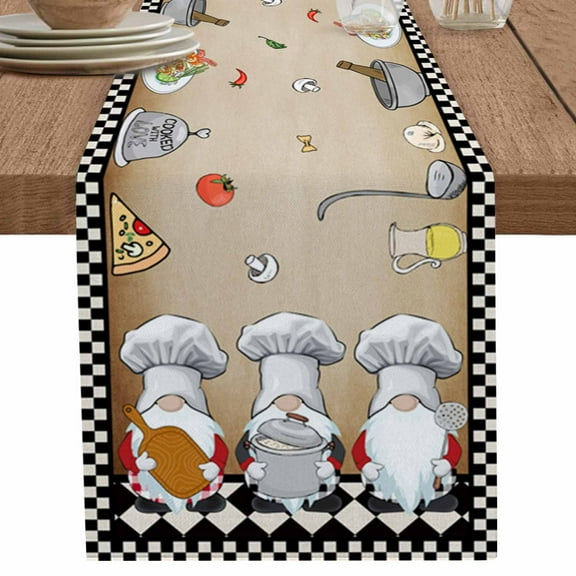 Cute Chef Gnomes Table Runner 108 Inches Long for Dining Decor,Funny Chef Cook Checkered Plaid Black White Brown Burlap Linen Farmhouse Table Runner Coffee Table Runners for Kitchen Party Holiday