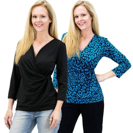 - 2 For 1 Clothes Women's Solid/Print V Neck 3/4 Sleeve Knit Front Drape Wrap Jersey Tops Side Shirring Blouse (Teal/Black Prints & Black)(S)