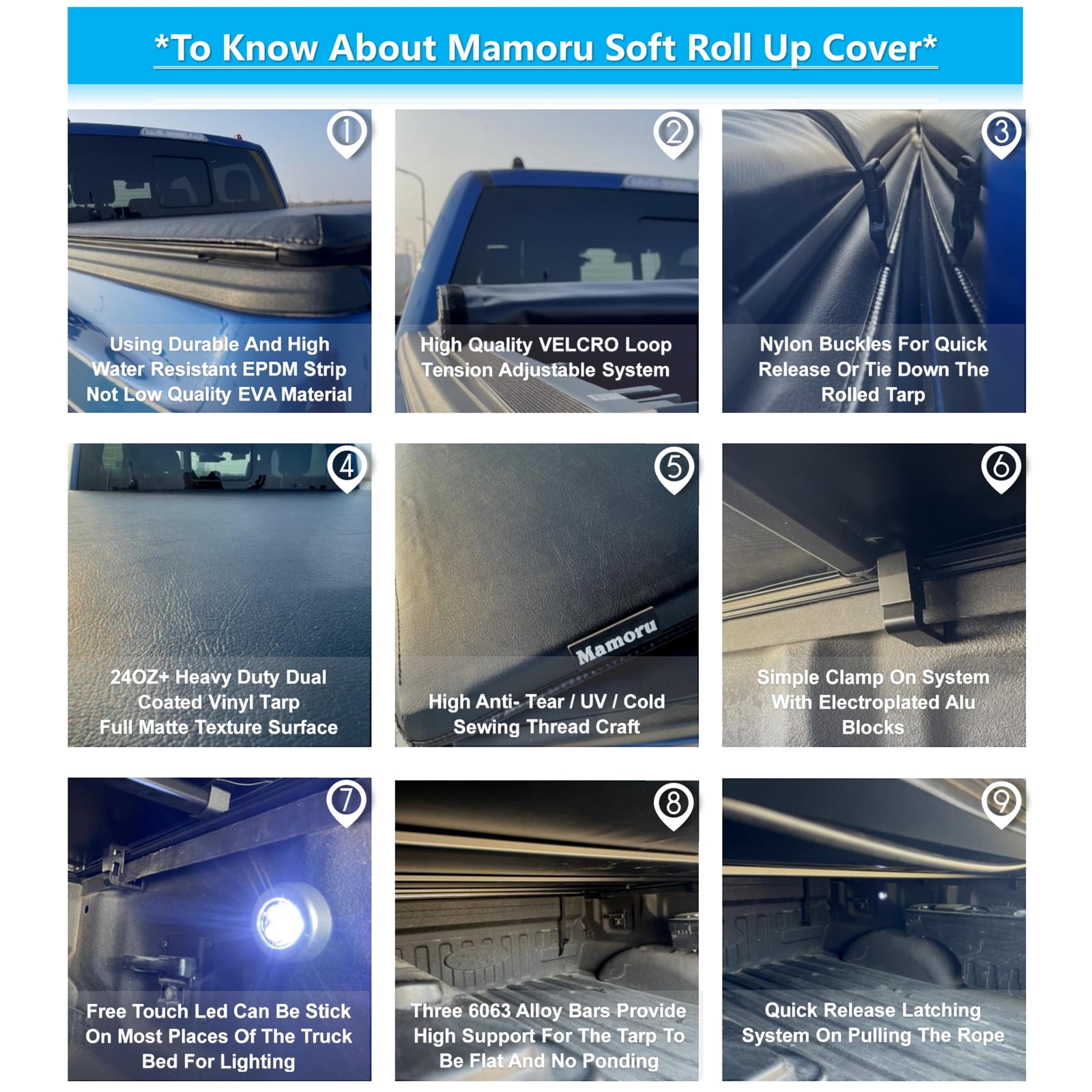 Mamoru Soft Roll Up 5.6ft Truck Bed Cover Compatible for 2015 2016 2017 2018 2019 2020 2021 2022 2023 2024 2025 F-150 and Lightning Vinyl Tonneau Cover | Styleside