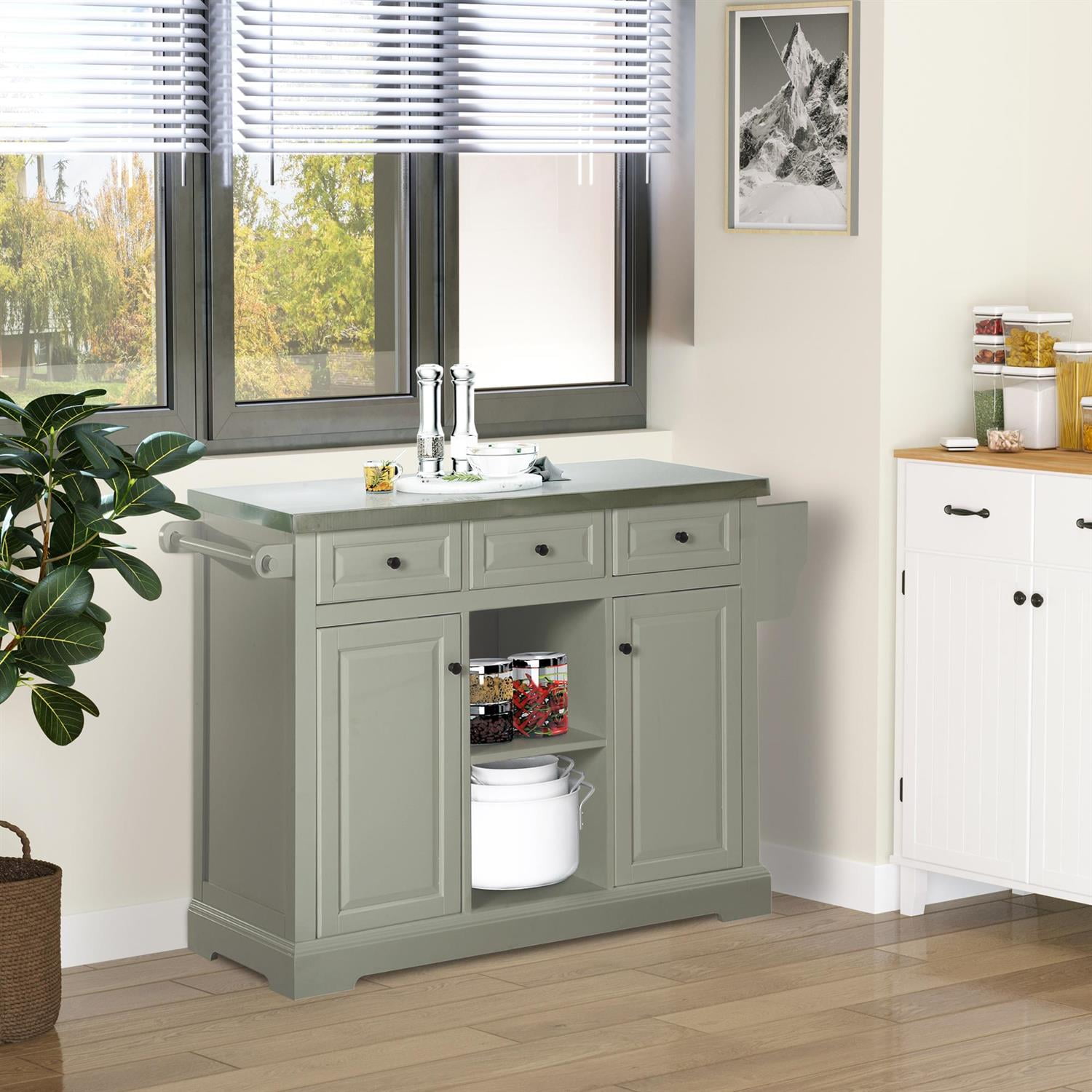 Demi Bonn 50" Kitchen Island with Storage and Stainless Steel Top, Rolling Kitchen Cart with Spice Rack and Drawers for Home Cooking Enthusiasts, Gray