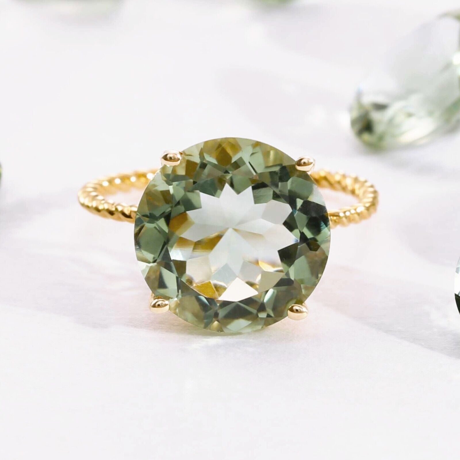 Tilo Jewelry 14K Yellow Gold 5 Carat Natural Green Amethyst Solitaire Engagement Ring with Twist Rope Band | Size 5 | Gemstone Statement Ring for Women, Girls, Unisex