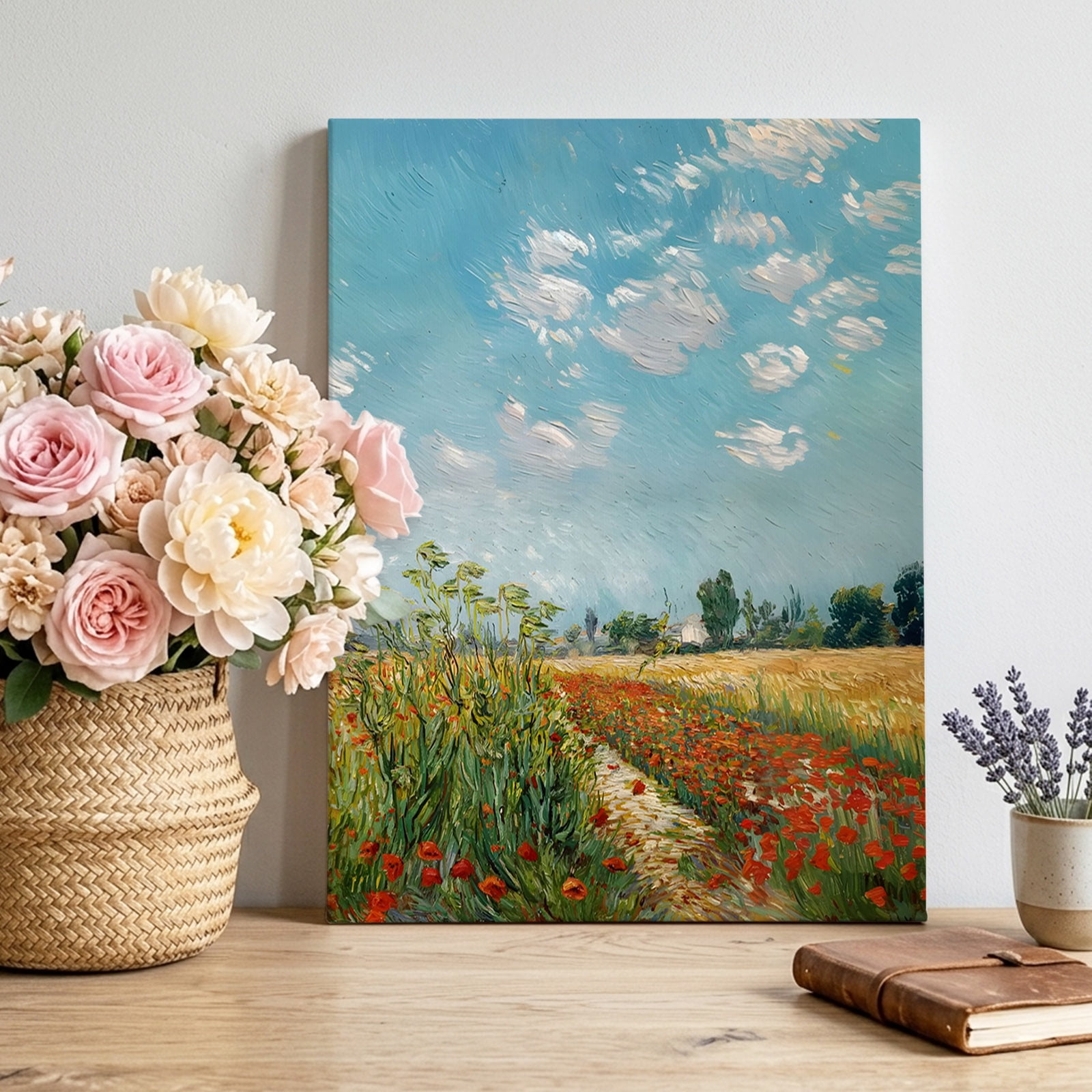 Pastoral Landscape Canvas Wall Art Country Vintage Red Flowers Green Trees Sky Pictures Wall Decor Wooden Framed Artwork Art Prints for Living Room Hallway Bedroom Office 12 x18