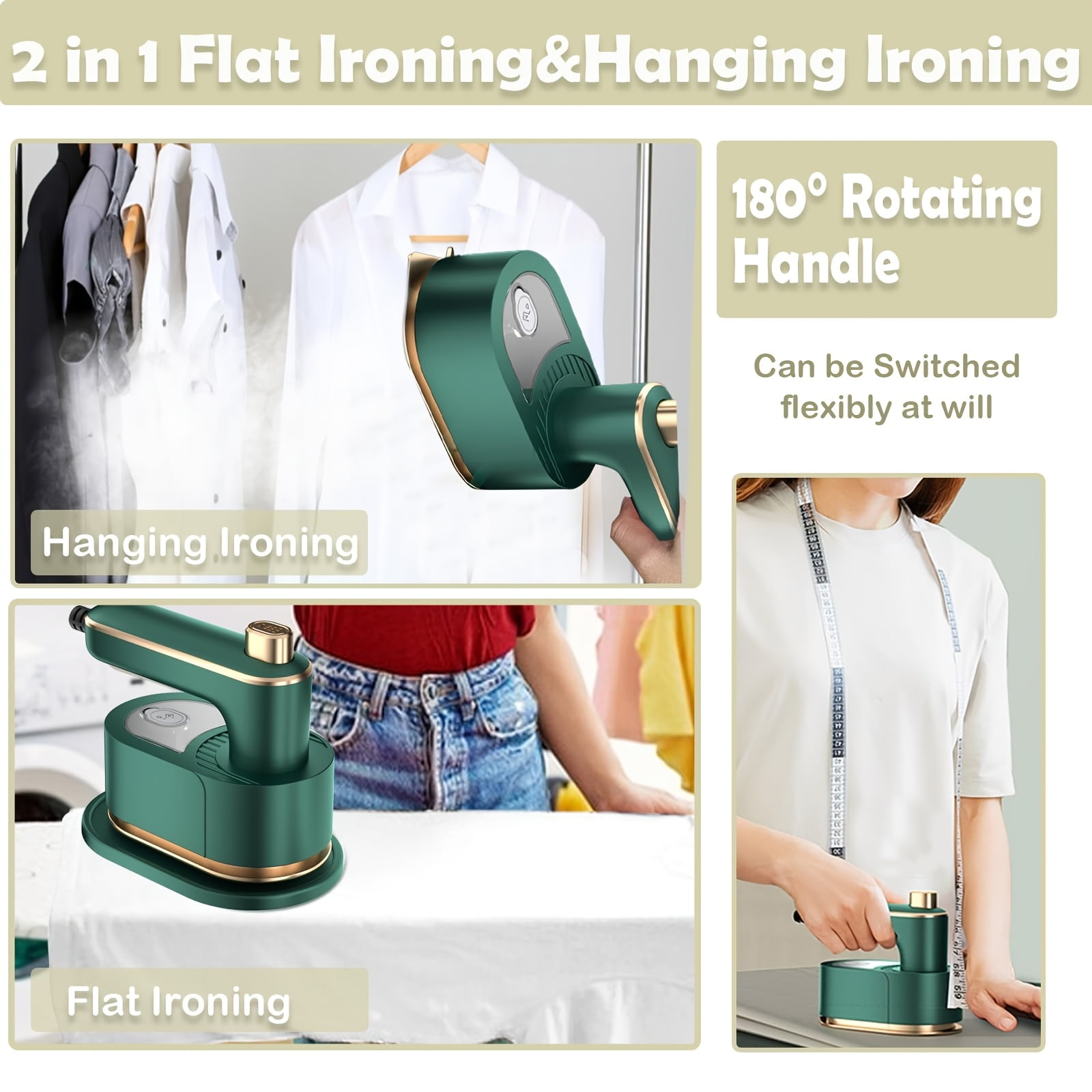 Portable Handheld Garment Mini Electric Iron, Travel Steamer Iron for Clothes Mini, 10S Fast Heating Powerful Wrinkle Remover, 180° Rotating Handle for Home, Travel, Apartment, Hotels