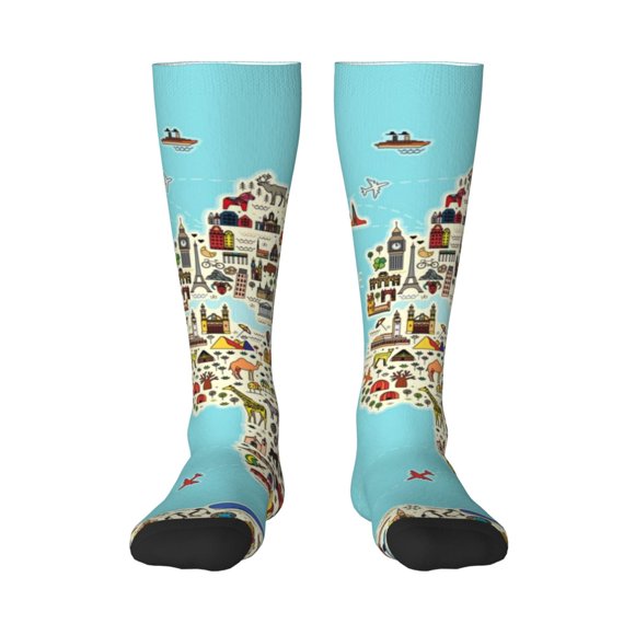 Gaeub World Travel Line Icons Map Print Design Socks Stretchy High Tube Socks for Men Women Teens , Softball Soccer Socks for Hiking, Sport
