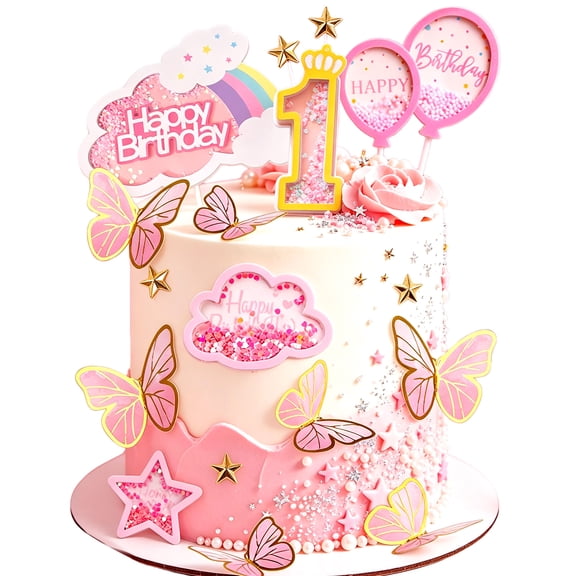 First Birthday Cake Topper Set Pink Gold Sparkle Decorations For First Birthday Celebrations Intimate Gatherings And Fairy Tale Themed Party Styling