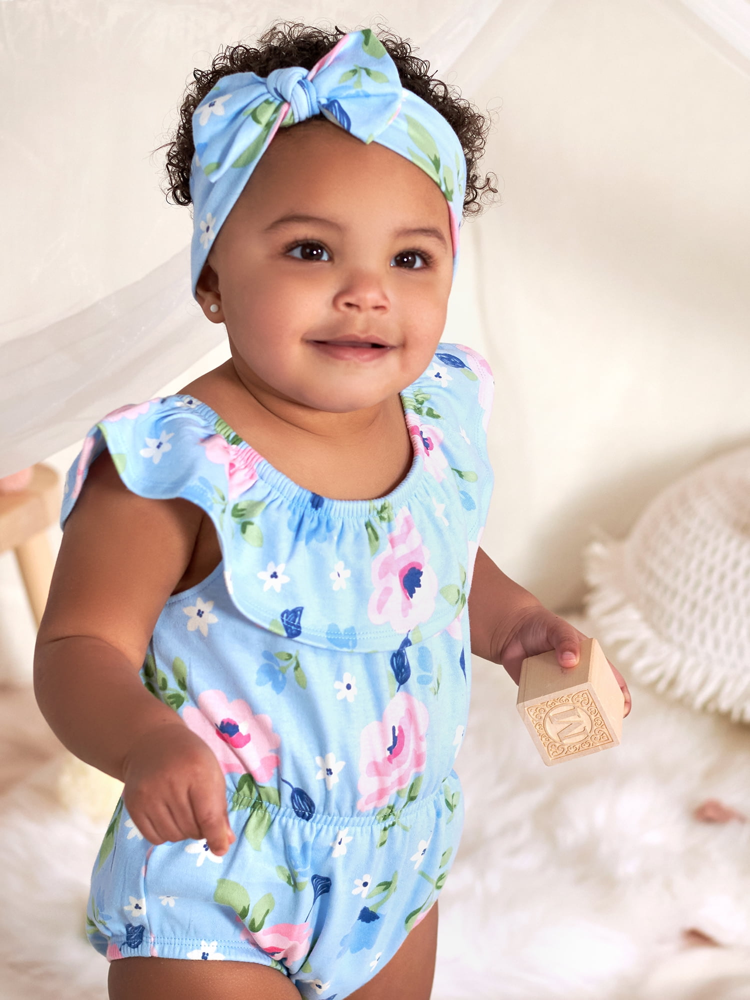 Gerber Baby Girl Wide Neck Romper & Headband Outfit Set, 2-Piece, (0/3 Months - 12 Months)