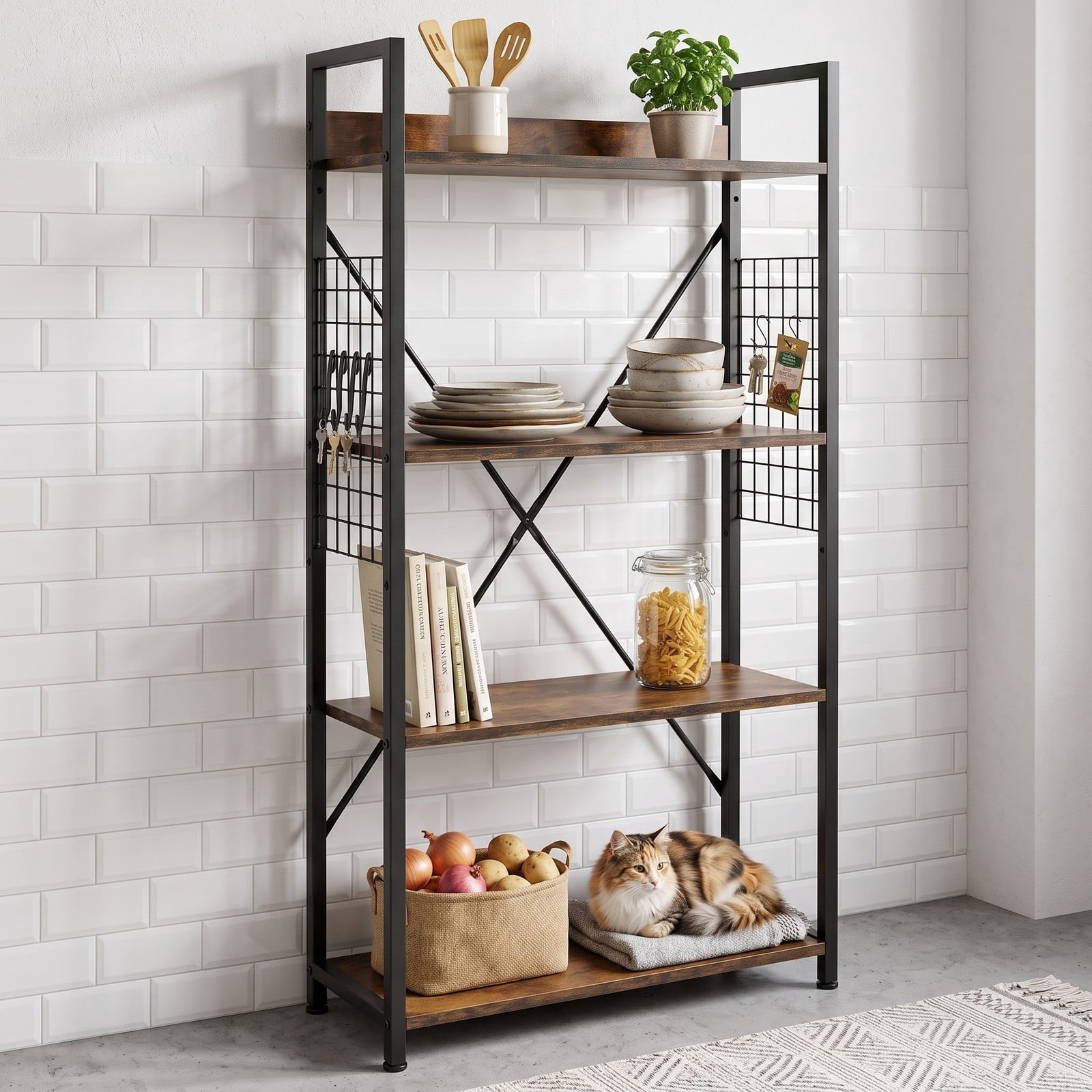 Furnibear 4-Tier Industrial Open Storage Bookshelf, Freestanding Wood Steel Bookcase Display Shelf with S-Hooks & Anti-Toppling Device for Living Room Office, Coffee