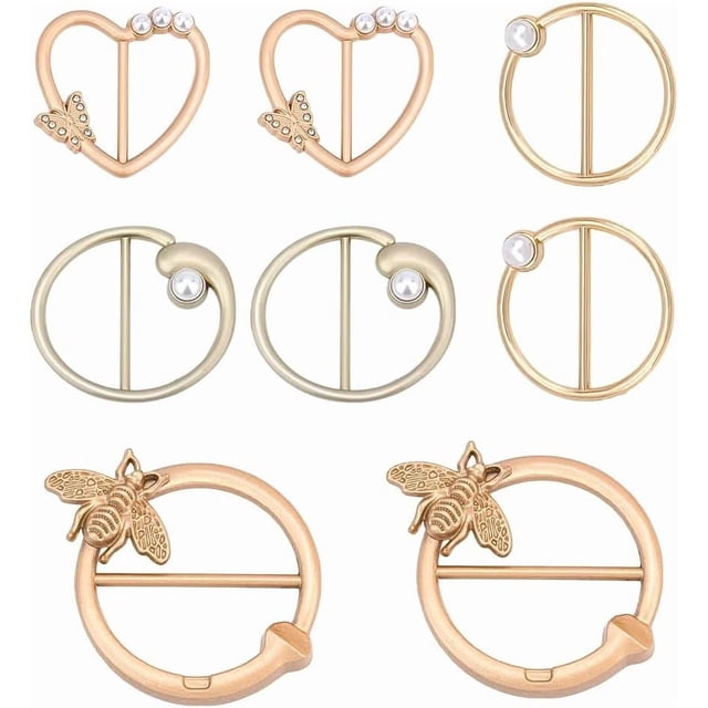 8 pinzas para camisetas para mujer, 4 estilos, hebillas para corbatas, anillos de aleación con perlas, hebillas para cintura, botones anudados en las esquinas de la ropa.