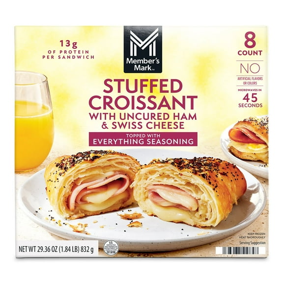 Member's Mark Uncured Ham & Swiss Cheese Croissant with Seasoning, Frozen, 8 ct.