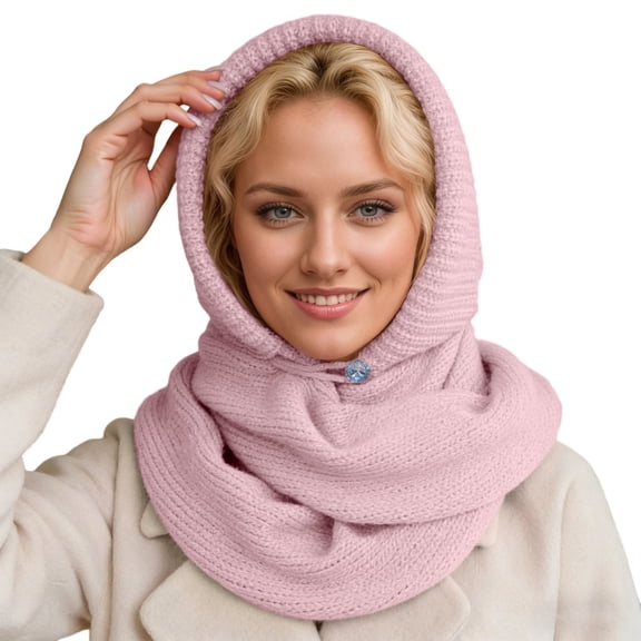 Womens Stylish Knit Beanie with Integrated Scarf Winter Warm Earflap Cap 2-in-1 Thermal Hooded Hat for Cold Weather