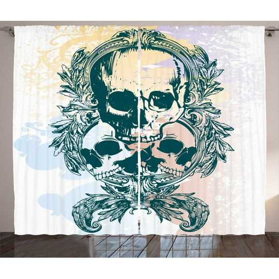 Ambesonne Skull Curtains 2 Panel Set, Scary Deadly Rocker Trio, 108" x 90", Pale Yellow Emerald