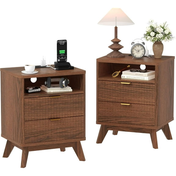 Modern Fluted Night Stand Set of 2, Wood Nightstand with USB Ports and Outlets, 2 Drawers and Open Shelve, Bedside Table End Table for Living Room Bedroom, Walnut Wood Color
