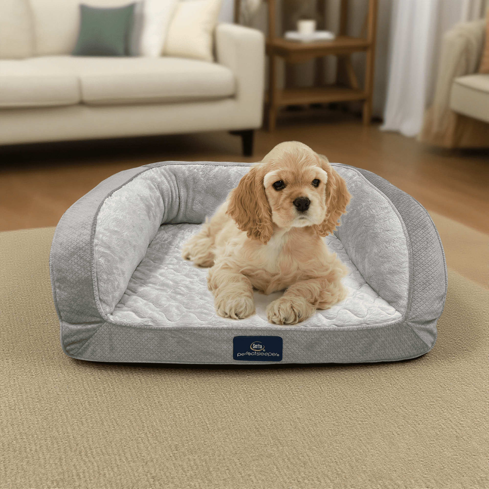 Serta Quilted Orthopedic Bolster Couch Cat & Dog Bed, Gray, Small